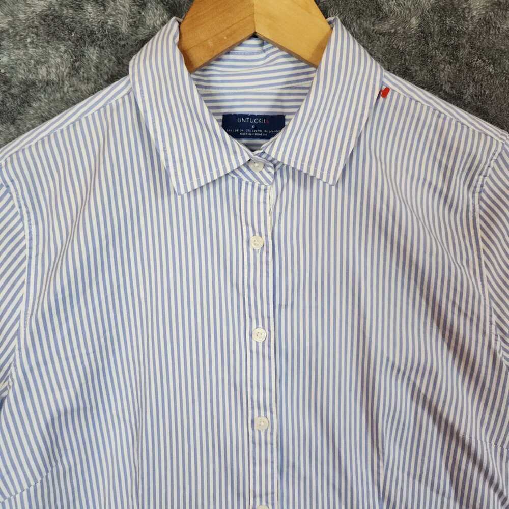UNTUCKIT Women Blue White Pinstripe Front Tie Shirt Dress 8 Long Sleeve Button - Picture 3 of 10